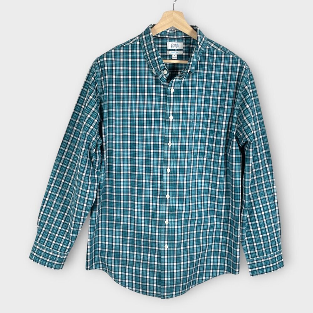 CROFT & BARROW Button Down Mens XL Teal Plaid Long Sleeve Classic Casual